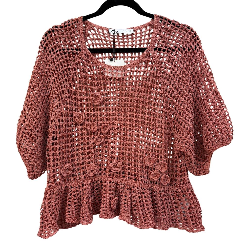 ZARA Limited Edition Crochet Top NEW Size Small Mauvey Pink Rosette Detail